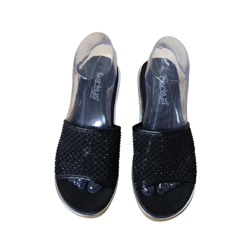 Corkys Footwear Womens Black Mesh Wedge Slide Sandals Cork Heel Size 8